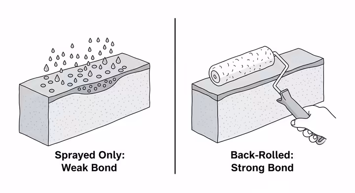 A diagram comparing sprayed paint just sitting on a surface versus back-rolled paint being pushed into the surface's pores for a strong bond.