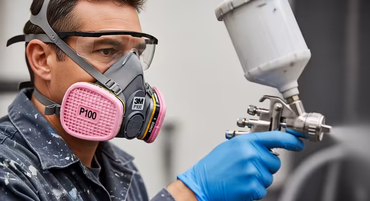 A painter wearing proper Personal Protective Equipment (PPE), including a respirator mask, safety glasses, and gloves, while preparing to spray paint.