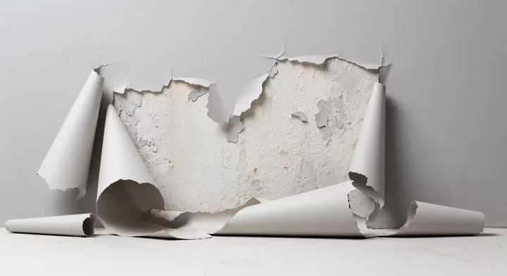 A dramatic photo of paint peeling off a drywall surface in large sheets, revealing the unpainted surface beneath, illustrating the consequences of a poor bond.