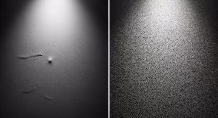 A side-by-side comparison of two painted wall surfaces. The left side is perfectly smooth and shows glare, highlighting a small imperfection. The right side has a subtle, uniform 'orange peel' texture (stipple) that diffuses light.