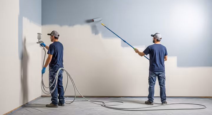 Two professional painters working together. One is using an airless sprayer on a wall, while the other follows immediately behind with a long-handled roller, back rolling the freshly sprayed paint.