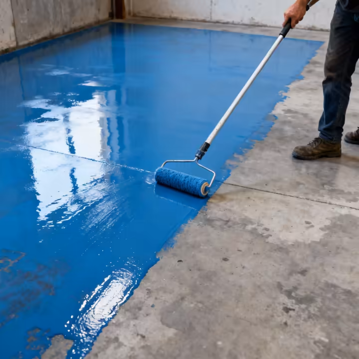 A person applying a clear sealer coat to a newly stained concrete floor with a paint roller.