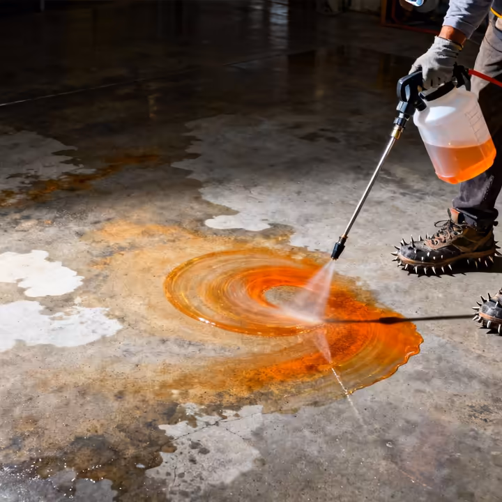 A DIYer spraying concrete stain onto a floor in a random, overlapping pattern.