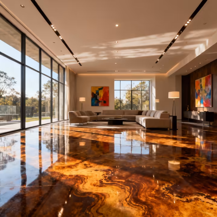 A beautifully stained concrete floor in a modern living room, with rich brown tones and a glossy finish.