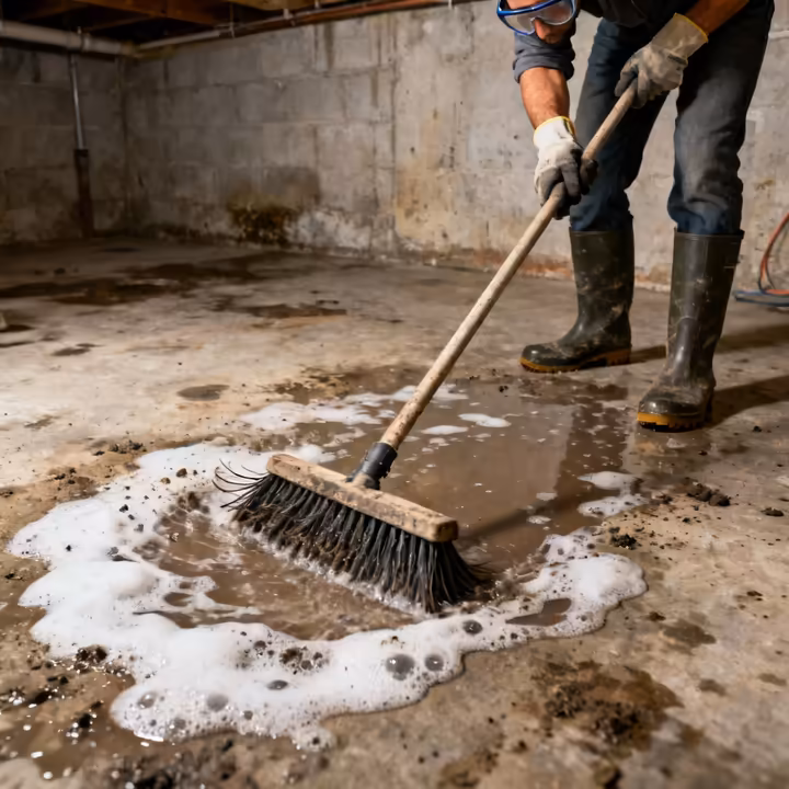 A person in protective gear scrubbing a concrete floor with a long-handled brush and cleaning solution.