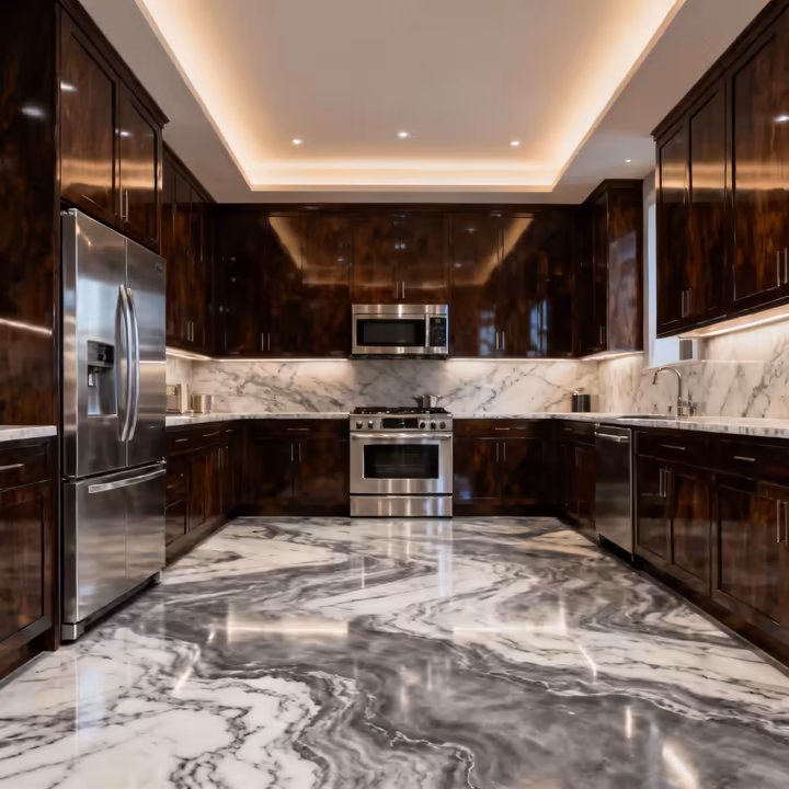 A luxurious kitchen featuring a polished and stained concrete floor that looks like expensive marble.
