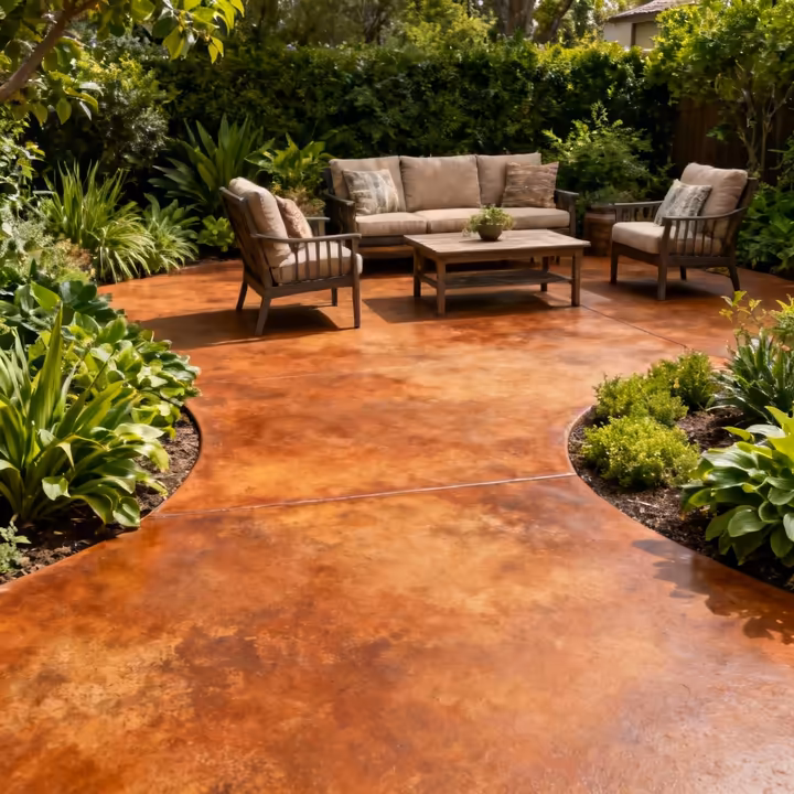 A beautiful outdoor patio and walkway with earth-toned stained concrete, surrounded by landscaping.