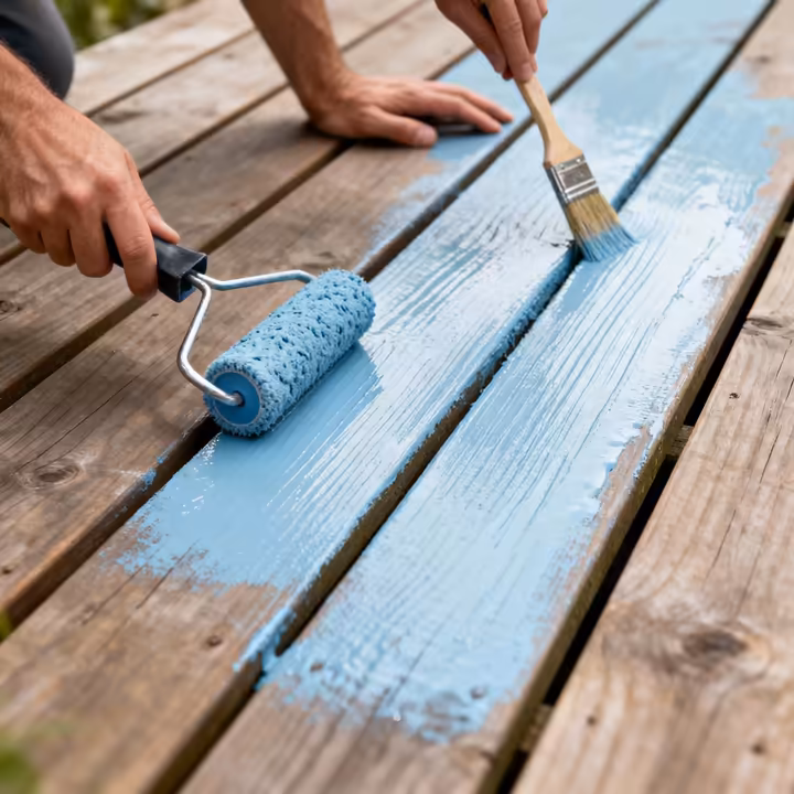 A person demonstrating the back-brushing technique on a deck, using a roller followed by a light brush stroke.