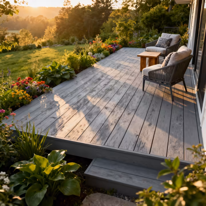 A beautifully painted gray deck with comfortable outdoor furniture, surrounded by lush greenery.