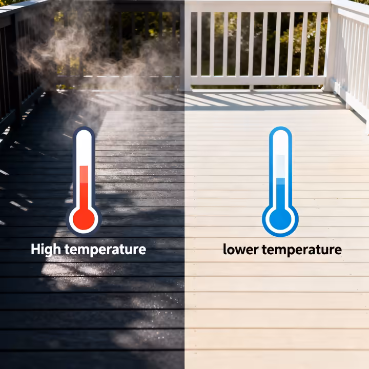 A split image showing a dark charcoal painted deck under harsh sun next to a light beige deck that looks much cooler.