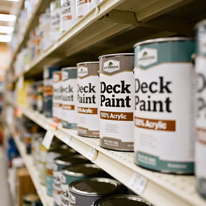 Several cans of deck paint lined up on a shelf in a hardware store, showing different brands and labels.