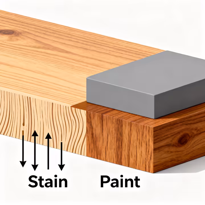 A cross-section diagram showing how stain soaks into wood fibers versus how paint forms a film on the surface.