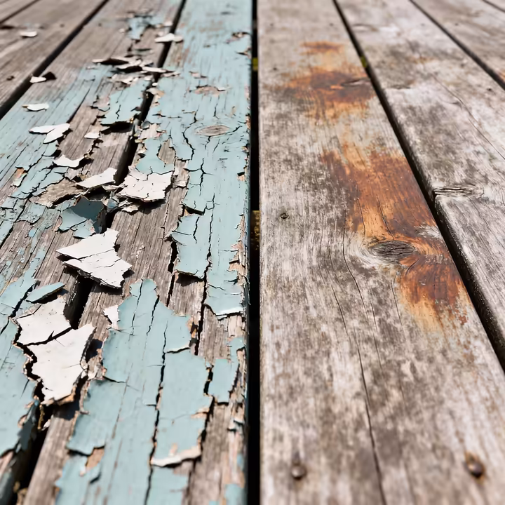 A side-by-side comparison of a deck with ugly, peeling paint and another deck with gracefully faded stain.