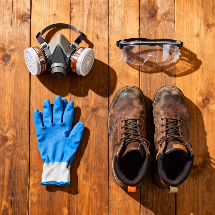 A collection of personal protective equipment for painting laid out neatly on a clean surface.