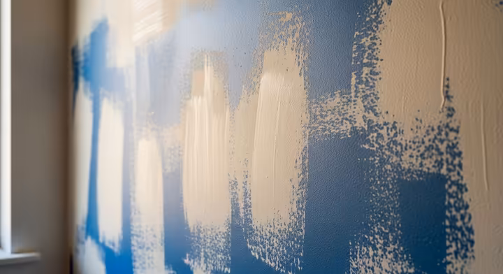 A wall after the first coat of light-colored paint over a darker color, showing visible patches and streaks.