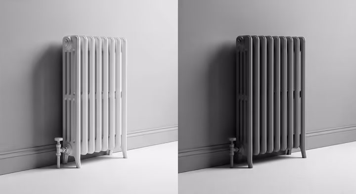 A living room wall with a bulky old radiator painted the exact same matte gray color as the wall, effectively making it blend in and disappear.