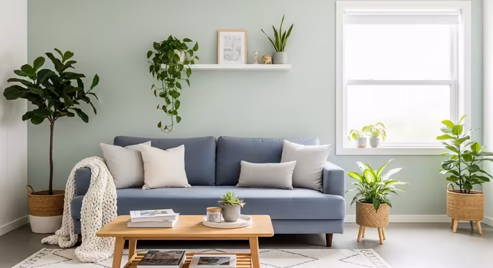 A serene living room painted in cool tones, with sage green walls and a comfortable blue sofa, creating a calm and relaxing environment.