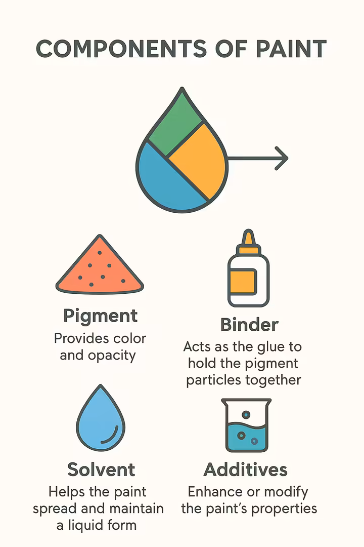 An infographic diagram showing the four main components of paint: pigments, binders, solvents, and additives.
