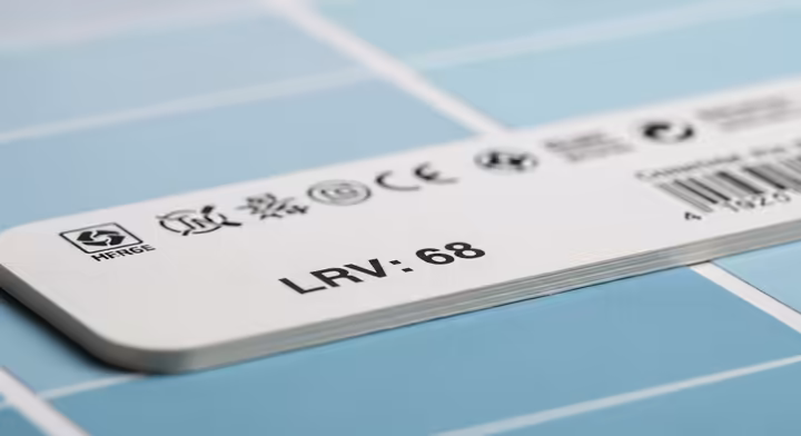 Close-up of a paint swatch showing the LRV (Light Reflectance Value) number on the back.
