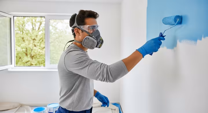 A person wearing safety glasses, gloves, and a respirator while painting a wall.