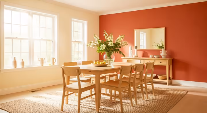 A vibrant dining room painted with warm colors, featuring a deep orange accent wall and yellow chairs that create an energetic and inviting atmosphere.
