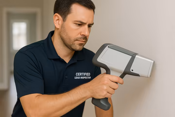 A certified lead inspector in uniform using a handheld XRF analyzer on an interior wall to test for lead paint.