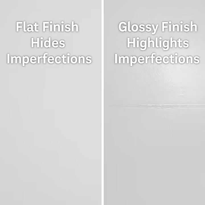 A split image showing the difference between a ceiling painted with flat paint, which looks smooth, and one with glossy paint, which reflects light and shows imperfections.