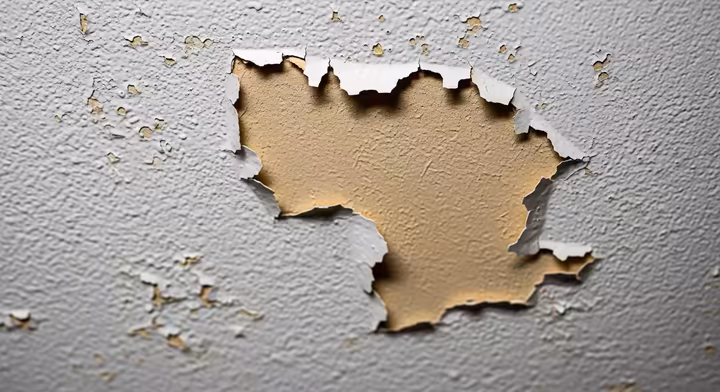 Paint peeling off a ceiling, revealing the old surface underneath, a common painting mistake.