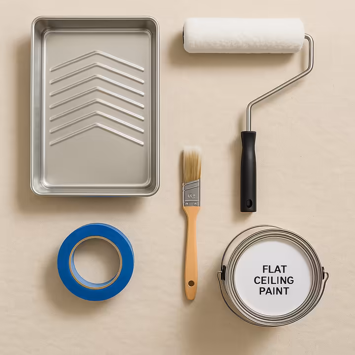 All the necessary ceiling painting tools laid out neatly on a drop cloth.