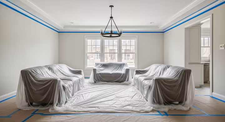 A living room fully prepped for ceiling painting, with furniture covered and floors protected by drop cloths.