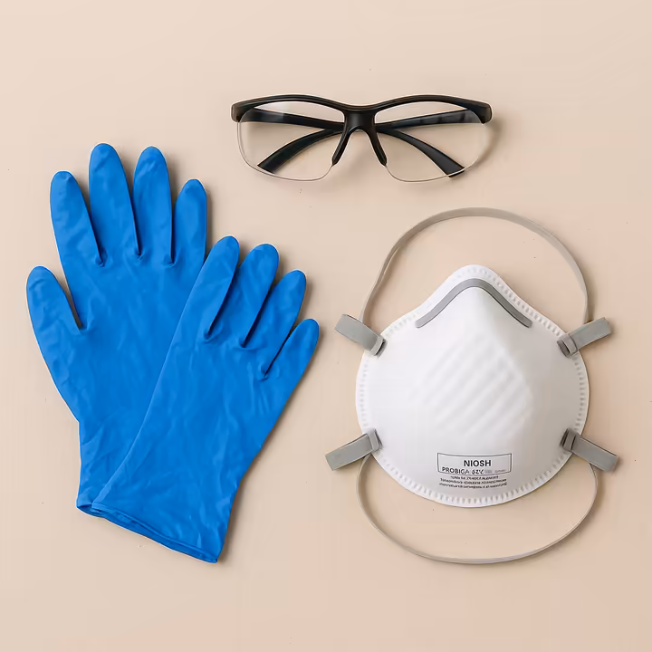 Safety equipment for wood repair projects, including gloves, safety glasses, and a respirator mask.